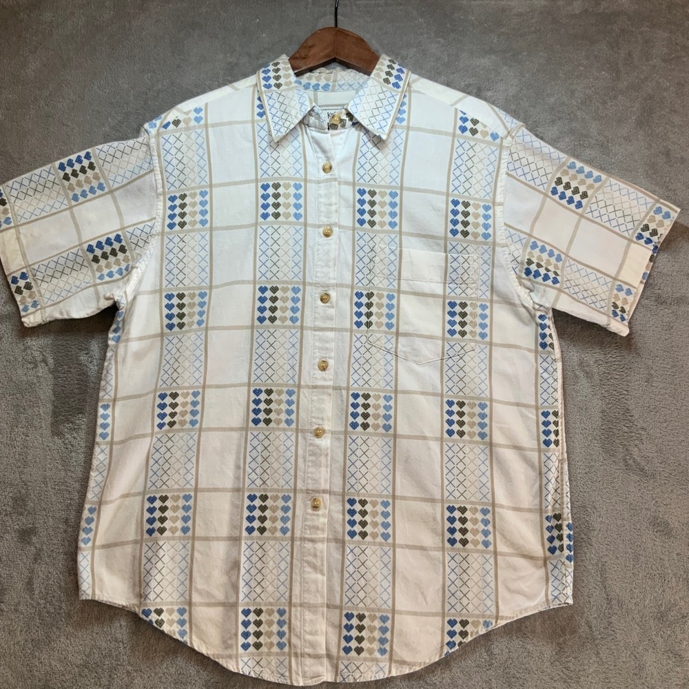 Krazy Kat Vintage 90s Boxy Cotton Button Down Shirt Mens Medium Blue Tan Hearts